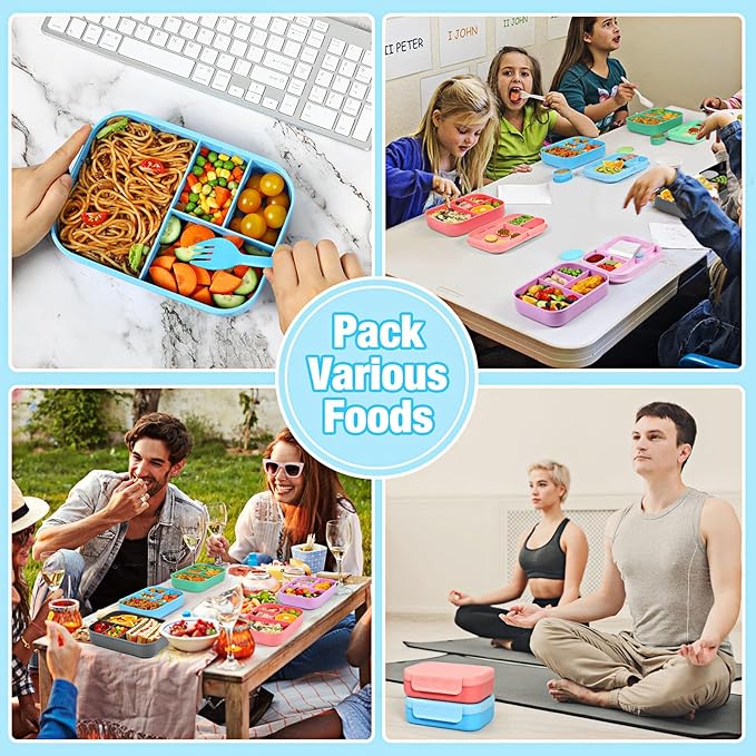 Caperci Bento Box for Kids - Stackable Leakproof Multiple Compartments 5.8 Cups Bento Lunch Box for Adults with Sauce Container - Idea for School, On-the-go, Built-in Utensil Set, BPA Free (Blue)