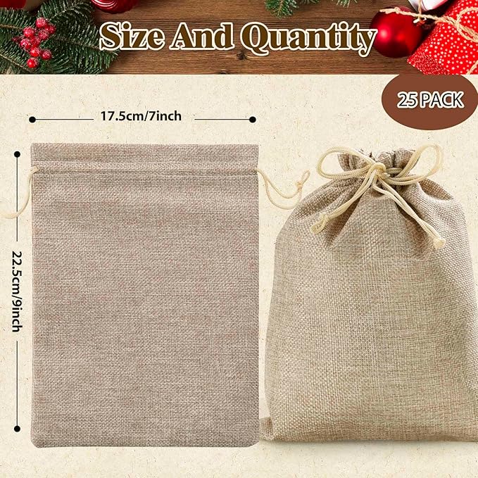 Homum 25 Pcs 7x9 Inch Burlap Gift Bags with Drawstring and Gift Tags, Burlap Jute Bags for Party, Christmas, DIY Craft