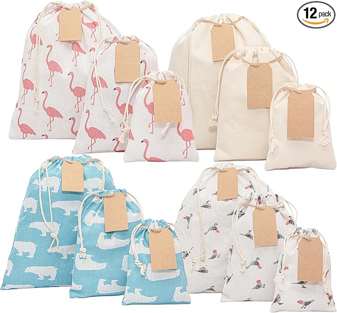 12 pcs Reusable gift bags. Bonus: 15 Gift tags & String. Multipurpose Gift wrap bags. Fabric gift bags. Gift bags assorted sizes for Holiday gifts, birthdays, parties. 8th Ed.