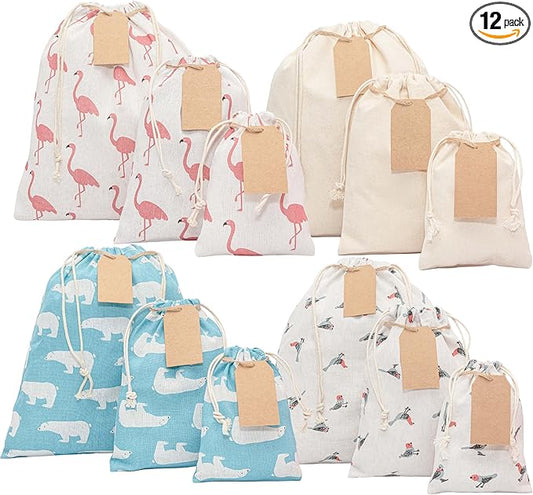 12 pcs Reusable gift bags. Bonus: 15 Gift tags & String. Multipurpose Gift wrap bags. Fabric gift bags. Gift bags assorted sizes for Holiday gifts, birthdays, parties. 8th Ed.