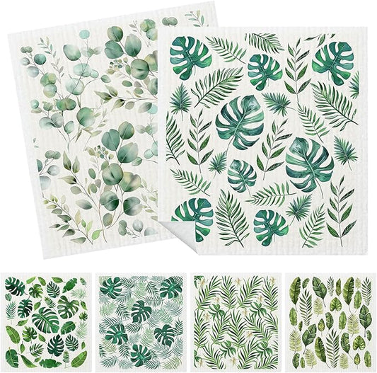 Mixed Plants Swedish Kitchen Dishcloths Dish Towels 6 Pack, Plants Dish Towels for Kitchen, Swedish Dishcloth with Ferns, Paper Towels Reusable, Dish Cloth Towel Cleaning Wipe for Home Party