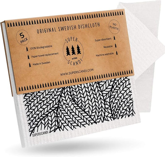 SUPERSCANDI 5 Pack Swedish Dishcloths for Kitchen - 100% Biodegradable & Compostable Reusable Paper Towels Washable, Food-Safe & Without Plastic - Dish Rags for Any Surface, Line Knitting Black