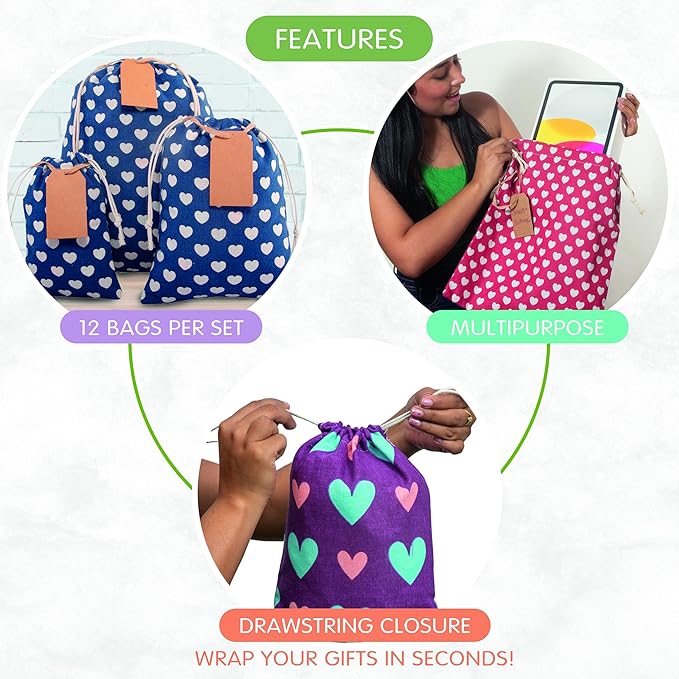 12 pcs Reusable gift bags. Bonus: 15 Gift tags & String. Multipurpose Gift wrap bags. Fabric gift bags. Gift bags assorted sizes for Holiday gifts, birthdays, parties. 15th Ed.