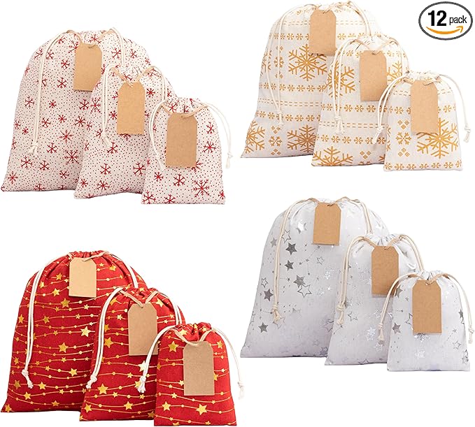 12 Pack Reusable Christmas gift bags with 15 gift tags. Gift sacks. Fabric drawstring holiday gift bags in assorted sizes. Xmas bags for presents, parties & stocking stuffers. (CE2)