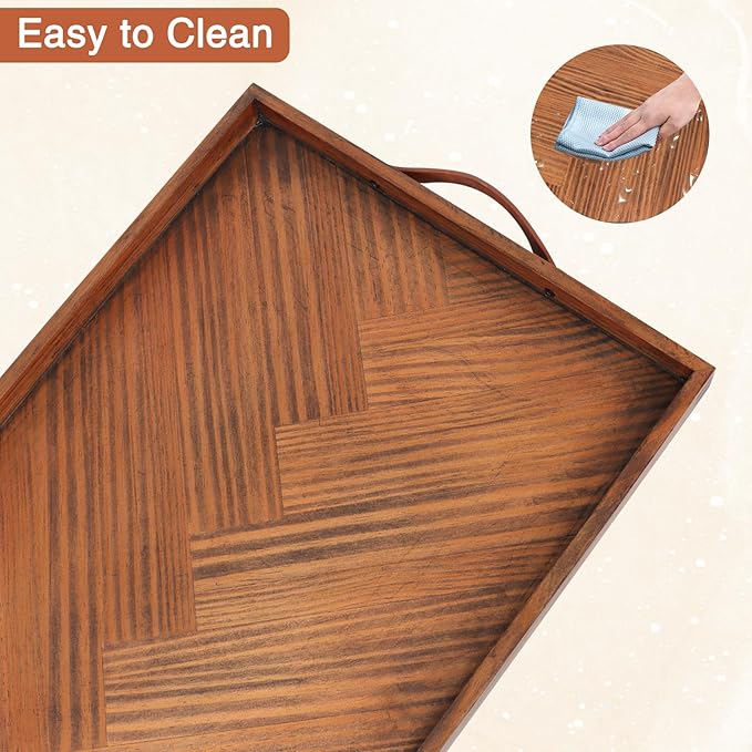 Large Ottoman Wooden Trays, Wood Serving Tray with Handles, Large Ottoman Tray, Wooden Serving Trays for Coffee Tables, Living Rooms and Kitchens, 24 x 16 inch