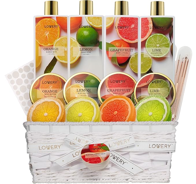 Christmas Gifts for Women, 20Pc Care Package, Bath Gift Baskets for Men, Mom, Her, Sister, Best Friends in Orange, Lemon, Lime & Grapefruit Scents, Stress Relief Spa Kit, Thank You, Birthday Gifts
