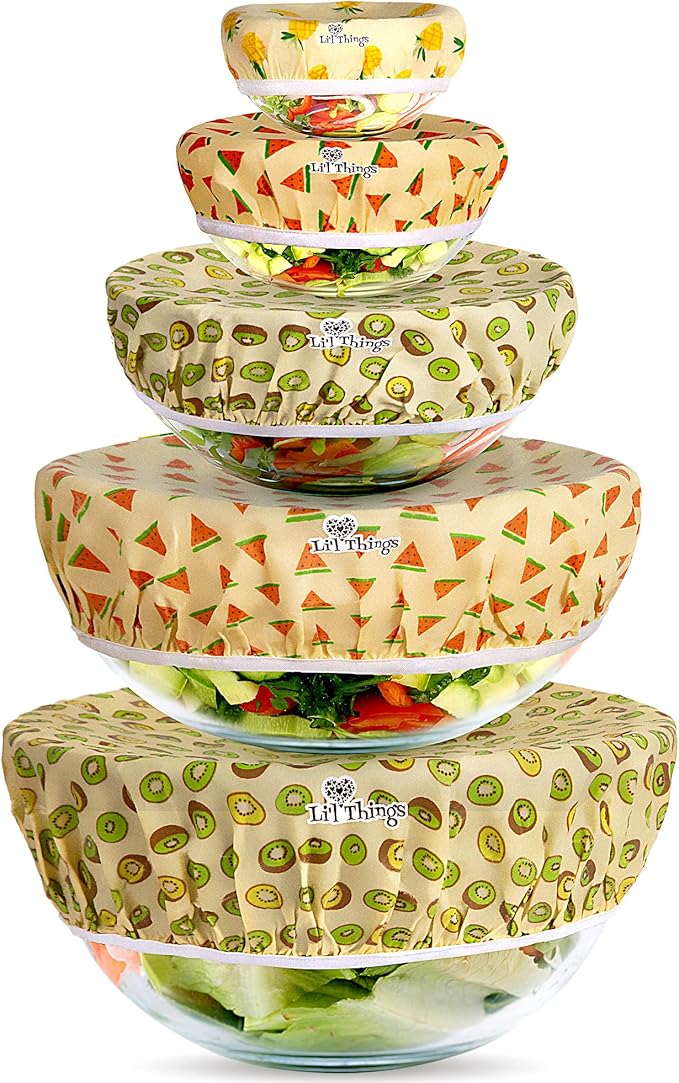 Li’l Things Beeswax Bowl Covers – Reusable Wraps Set of 5 | Organic Cotton, Beeswax & Jojoba | Eco-Friendly, Washable Lids for Bread Proofing, Jars, Pet Food (XS–XL) -Fruity Fruit