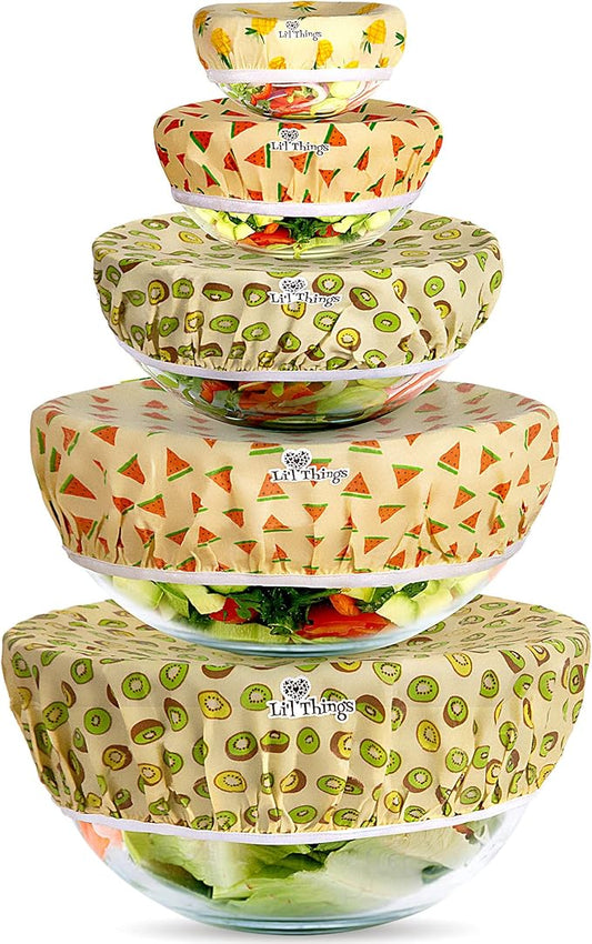 Li’l Things Beeswax Bowl Covers – Reusable Wraps Set of 5 | Organic Cotton, Beeswax & Jojoba | Eco-Friendly, Washable Lids for Bread Proofing, Jars, Pet Food (XS–XL) -Fruity Fruit