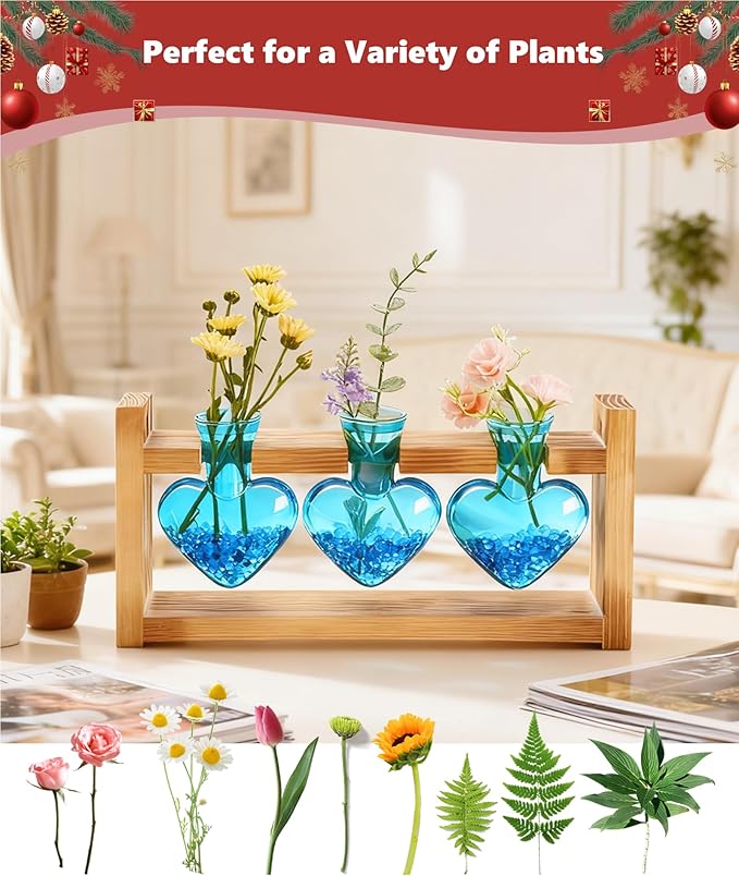 Nacome Plant Terrarium Propagation Stations: Air Planter 3 Bulb Glass Heart Shaped Vase with Wooden Stand for Hydroponics Home Office Decor - Christmas Gifts for Plant Lovers Women Mom Wife