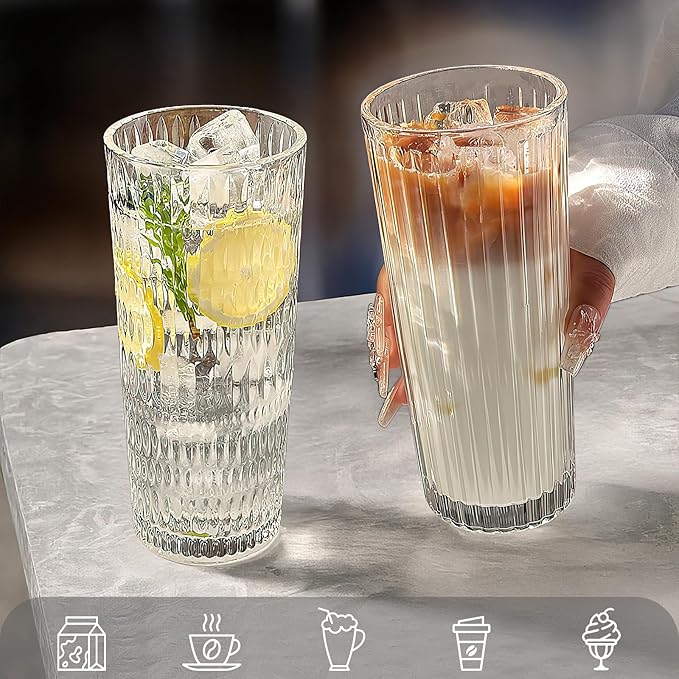 Puraville 18oz Glass Cup with Lid and Straw, Vintage Ribbed Striped Thickened Glassware for Whiskey Cocktail Beer, Mason Jar Drinking Glasses Tumbler Iced Coffee Cup, Clear