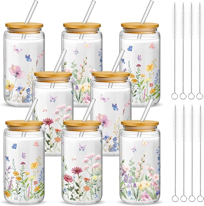 Mumufy 8 Pcs Gift for Women Wild Flower Glass Cup Tumbler Butterfly Iced Coffee Mugs 16 oz Glass with Bamboo Lid & Straw, Christmas Mothers Day Birthday Gift for Mom Sister Bridesmaid Baby Shower