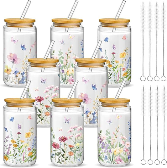Mumufy 8 Pcs Gift for Women Wild Flower Glass Cup Tumbler Butterfly Iced Coffee Mugs 16 oz Glass with Bamboo Lid & Straw, Christmas Mothers Day Birthday Gift for Mom Sister Bridesmaid Baby Shower
