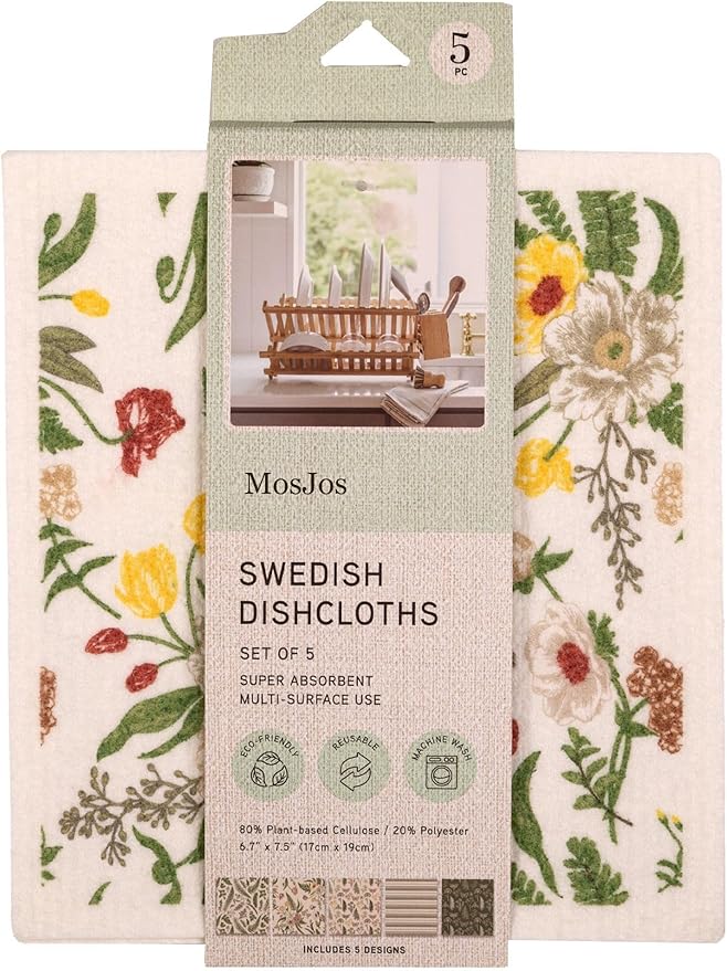 MosJos Swedish Dishcloths, Vintage Plant-Based Cellulose, 6.7x7.5 Inch, Super Absorbent, Multi-Surface, Machine Washable, Reusable, 5 Pack (Green)