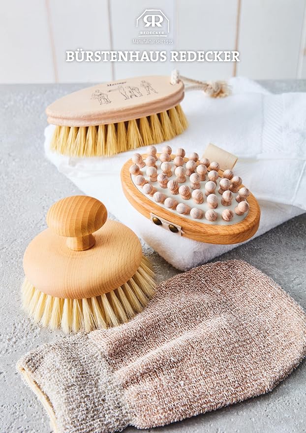 Redecker Natural Tampico Fiber Massage Brush with Oiled Beechwood Knob, 4-Inch Diameter, Made in Germany