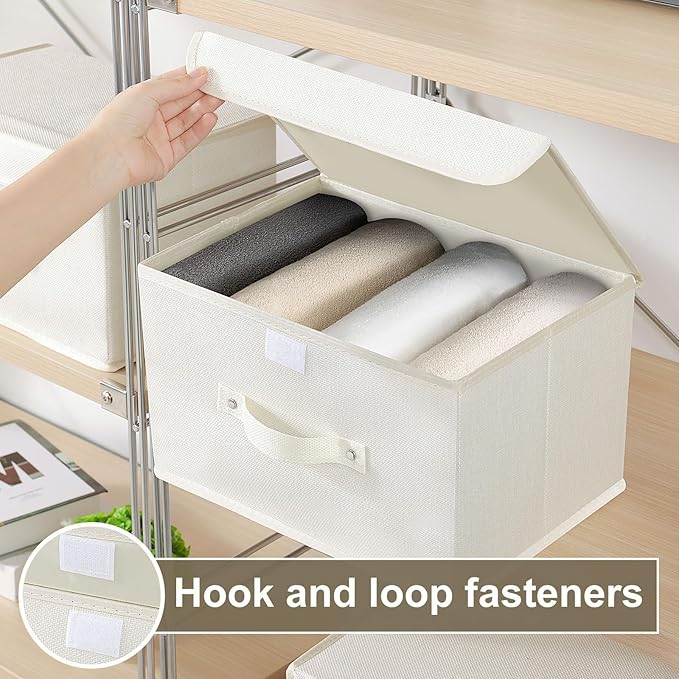 Fabric Storage Bins Cube Organizers with Flip-Top Lid and Handles,Storage Boxes for Organizing Home,Office,and Closet,Beige,3 Pack 13X9.1X7.9 in
