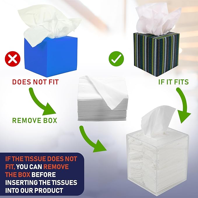 Acrylic Tissue Box Holder, Square Dispenser for Facial Tissues, Napkins, and Dryer Sheets. Perfect for Bathrooms, Desks, Countertops, Vanities, Bedrooms, and Nightstands (Square, Clear Glitter)
