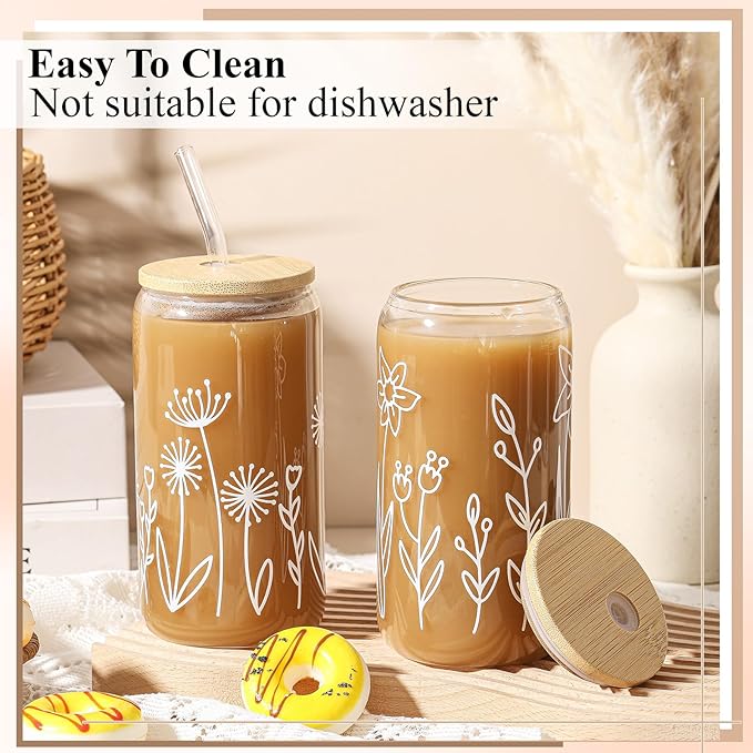 Mumufy Gift for Women Cute Glass Cup Tumbler Flower Iced Coffee Mugs 16 oz Glass with Bamboo Lid & Straw, Mothers Day Birthday Gift for Mom Sister Bridesmaid Baby Shower(2 Pack,Boho Flower)