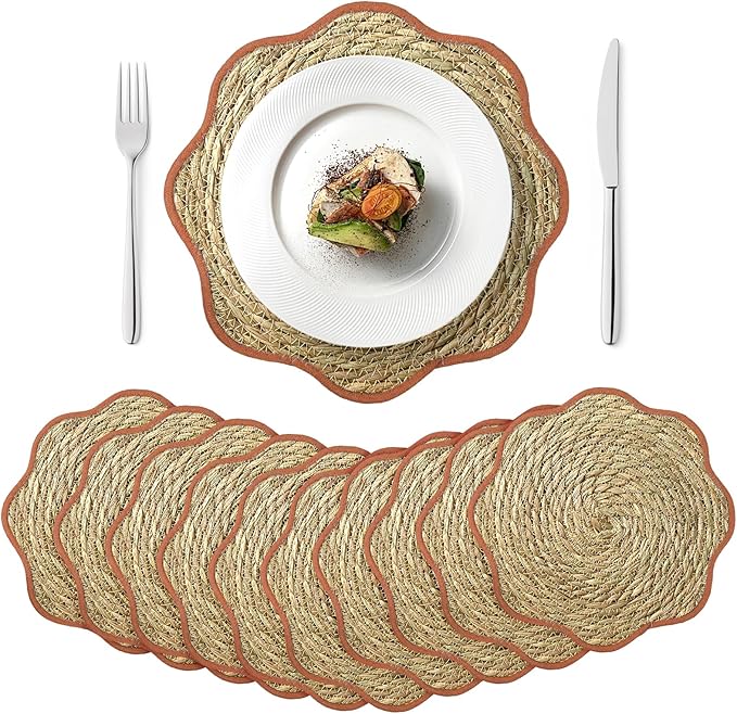 13.8 inch Fall Round Woven Placemats Set of 10 Boho Scalloped Rattan Place Mats Natural Water Hyacinth Flower Shaped Weave Mats Rustic Wicker Mats Autumn Fall Thanksgiving Table Decor