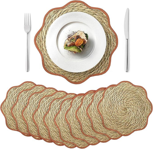 13.8 inch Fall Round Woven Placemats Set of 10 Boho Scalloped Rattan Place Mats Natural Water Hyacinth Flower Shaped Weave Mats Rustic Wicker Mats Autumn Fall Thanksgiving Table Decor