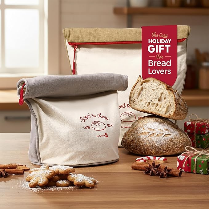 KNEADACE Reusable Bread Bags for Homemade Bread -Stylish Sourdough Bread Storage with Roll-Top Design, 100% Cotton & Food-Safe Lining, Freezer & Refrigerator Friendly, Gift for Bakers (Gray/Cream)