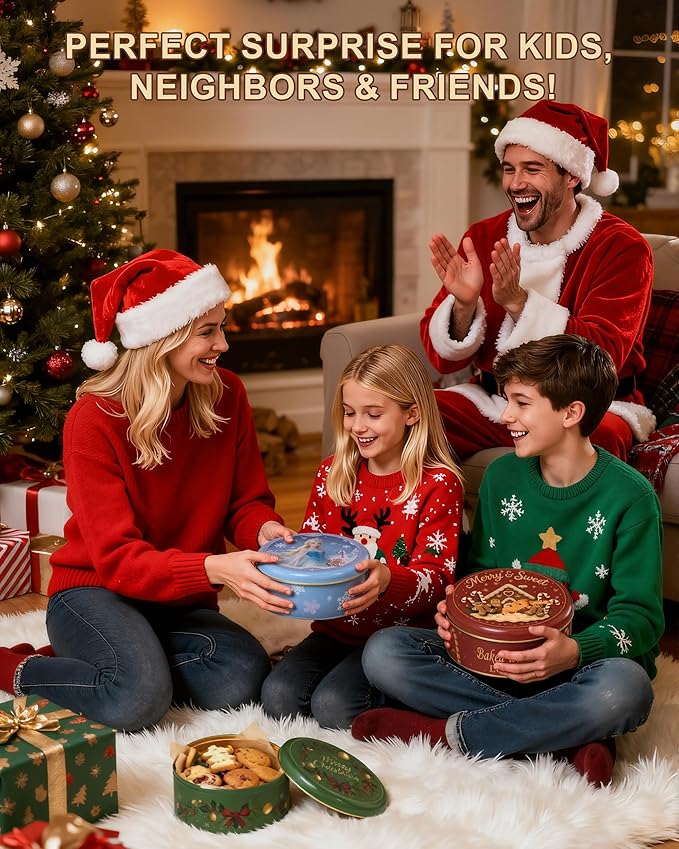 Christmas Cookie Tins with Lids, Set of 3 Larger Holiday Containers for Homemade Cookies, Gifts, Treats, Reusable Round Metal Storage Boxes with 3 Premium Greeting Cards & 16.5ft Ribbon