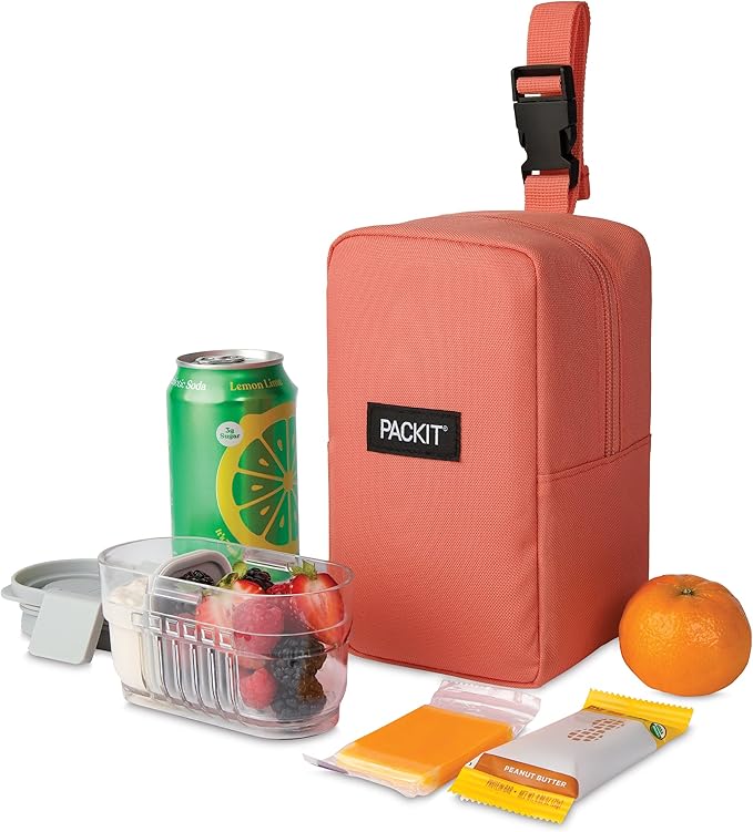 PackIt Freezable Upright Snack Box, Papaya, Built with ECOFREEZE Technology, Fully Freezable, Collapsible, Reusable, With Top Buckle Handle and Top Load Design, For Perishable Snacks On the Go