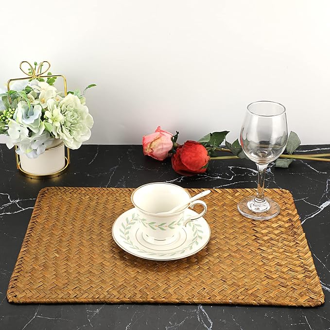 OwnMy Pack of 6 Natural Seagrass Placemats Woven Rattan Place Mat Rectangular Table Mats, 17" x 12" Sea Grass Meal Placemat Bamboo Place Mats for Dining Table Home Kitchen Picnic Table, Caramel Color