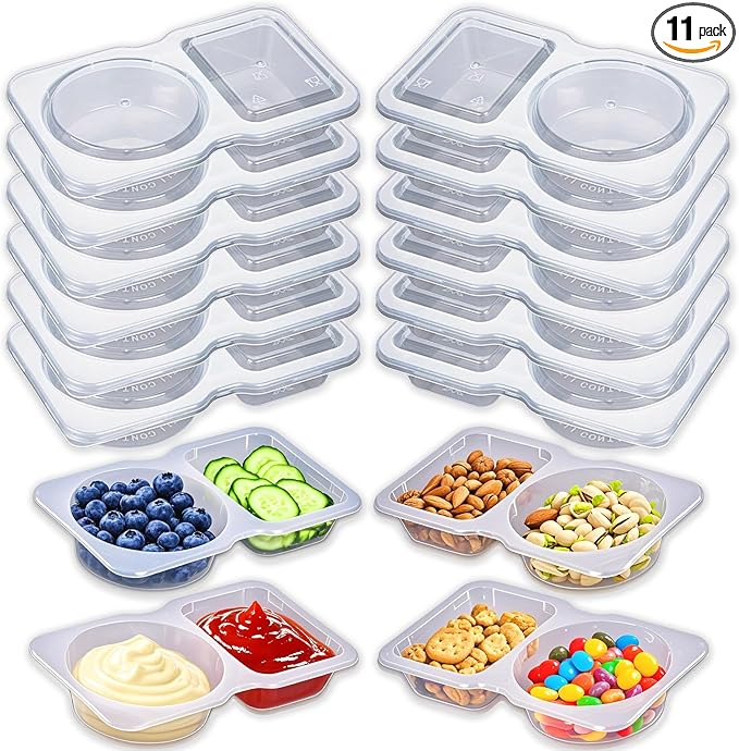 BADBLUE 11 Sets Reusable Snack Containers with Lids, Double Compartment Condiment Containers, Small Sauce Dipping Containers, Grab and Go Snack Box Container for Kids & Adults