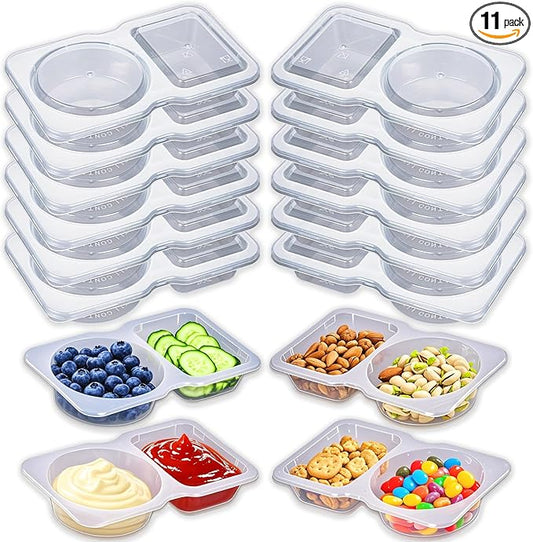 BADBLUE 11 Sets Reusable Snack Containers with Lids, Double Compartment Condiment Containers, Small Sauce Dipping Containers, Grab and Go Snack Box Container for Kids & Adults