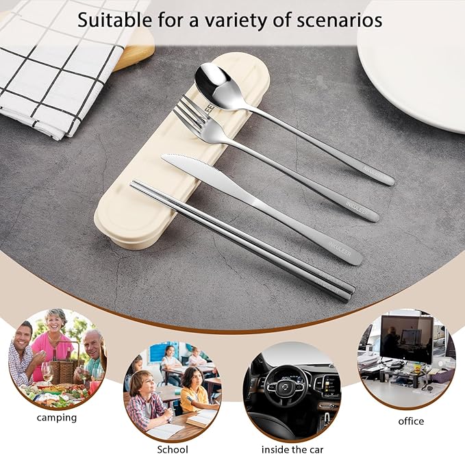 Travel cutlery set, 18/8 stainless steel cutlery, Reusable utensils set with case, Portable Silverware Lunch Box for Camping and Office-Stainless steel