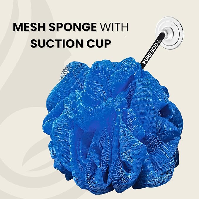 Large Blue Bath Sponge Pack of 3 – Gentle Exfoliation Loofahs with Suction Cup, 70G Mesh Poufs for All Skin Types, Lather for Daily Use