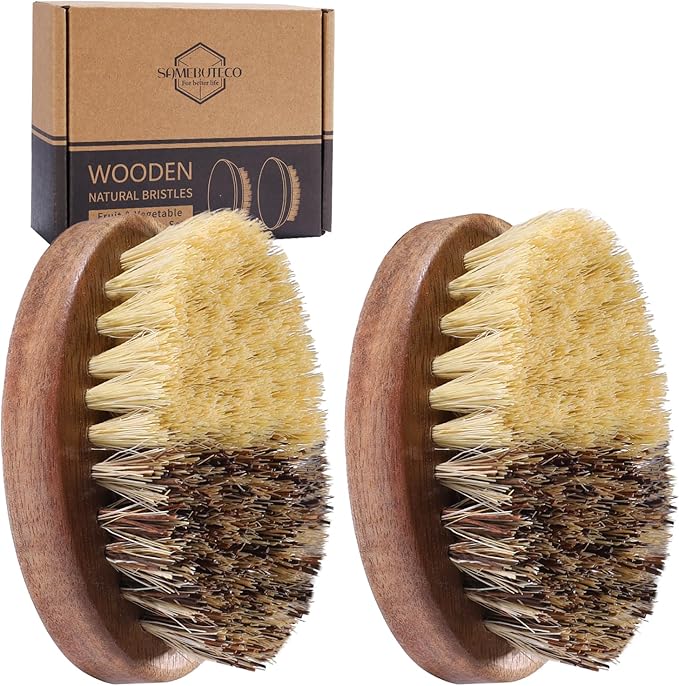 Fruit & Vegetable Cleaning Brushes with Acacia Wood Handle Natural Half Sisal Bristle Half Palm Fibers Bristles Design,Oval Shape Easy Hold,Pack of 2,Brown