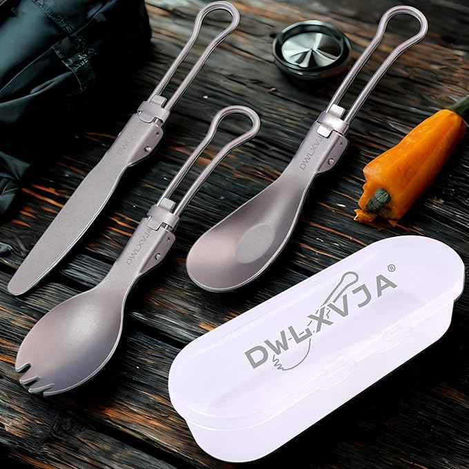 Reusable Camping Utensils Set Titanium, 3-Piece Spork Spoon Knife Combo with Case, Lightweight Foldable Flatware for Hiking, Backpacking, Travel & Workplace Lunch, Gifts for Men, Outdoorsmen, Campers