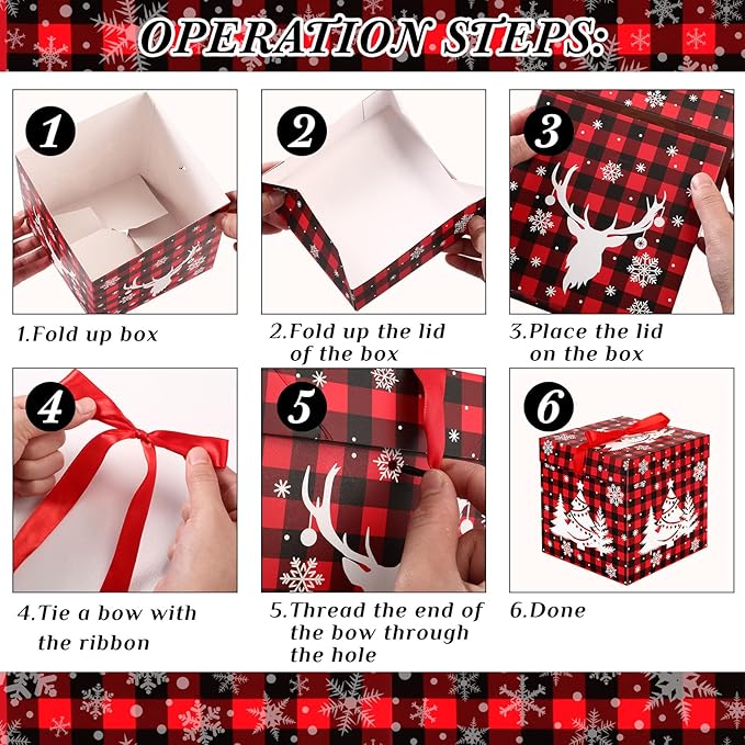3 Pcs Christmas Nesting Gift Boxes Buffalo Plaid Xmas Stackable Boxes Black Red Decorative Xmas Nested Present Boxes with Lids and Ribbon for New Year Birthday Party Gift(Elk)