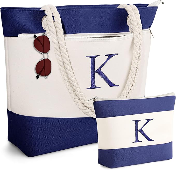 YOOLIFE Christmas Gifts for Women - Personalized Initial Canvas Beach Bags for Women Gifts for Mom Teacher Friend Birthday