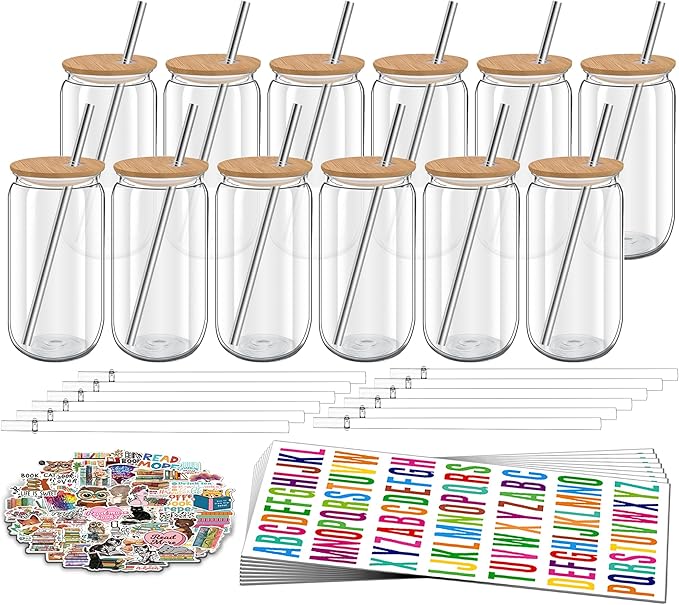 16 oz Clear Plastic Cups Reusable with Bamboo Lids and Straws & DIY Sticker, 12Pack Acrylic Mason Jars Iced Coffee Drinking Glasses Cup for Park Picnic, Poolside, Party Giveaways