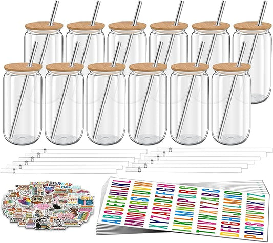16 oz Clear Plastic Cups Reusable with Bamboo Lids and Straws & DIY Sticker, 12Pack Acrylic Mason Jars Iced Coffee Drinking Glasses Cup for Park Picnic, Poolside, Party Giveaways