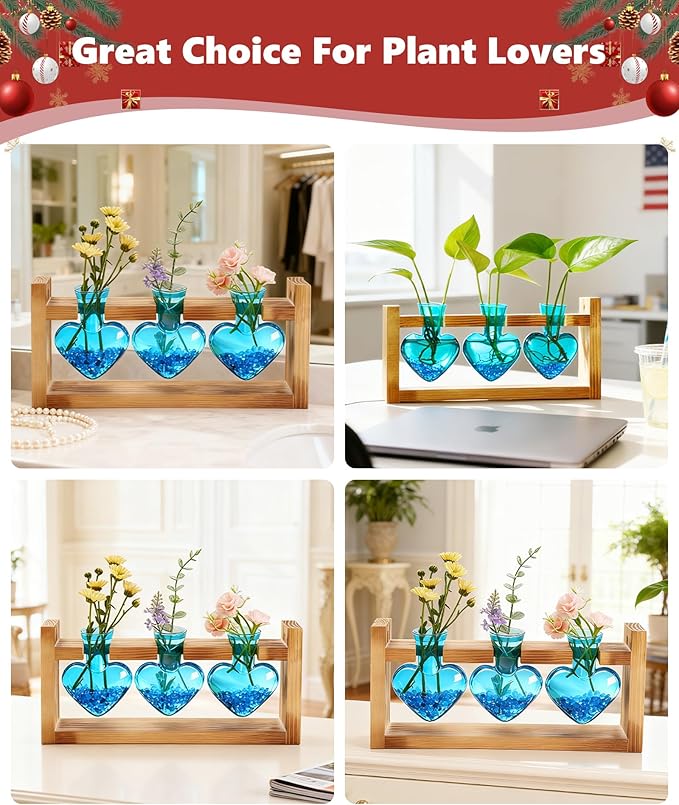 Nacome Plant Terrarium Propagation Stations: Air Planter 3 Bulb Glass Heart Shaped Vase with Wooden Stand for Hydroponics Home Office Decor - Christmas Gifts for Plant Lovers Women Mom Wife