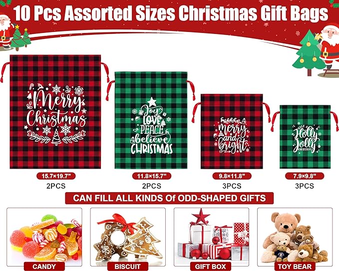 10 PCS Christmas Drawstring Gift Bags with Tags, Buffalo Plaid Xmas Gift Bags Assorted Sizes Bulk, Cotton Fabric Holiday Gift Bag Large Medium Small Wrapping Bag for Xmas Presents Decor Party Favors
