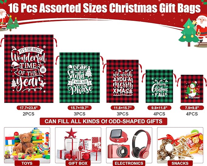 16 PCS Christmas Drawstring Gift Bags with Tags, Buffalo Plaid Large Xmas Gift Bags Assorted Sizes Bulk, Cotton Fabric Holiday Gift Bag Jumbo Medium Small Xmas Wrapping Bag for Presents Party Favors