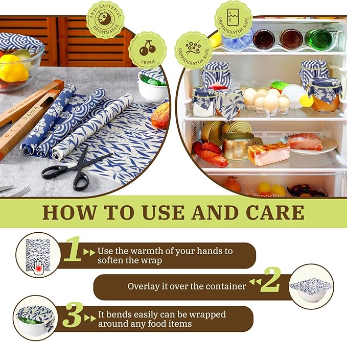Moukeren 3 Rolls Reusable Beeswax Wrap 13'' x 40'' Food Wrap Beeswax Paper Food Wrappers Cotton Bread Sandwich Wrapper for Kitchen Storage Gifts, Vivid