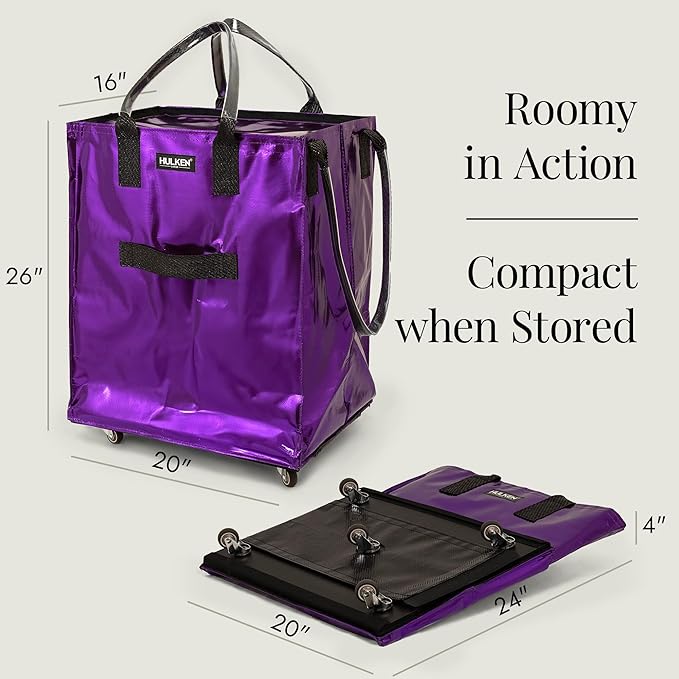 HULKEN - (Large, Ultraviolet) Reusable Grocery Bag On Wheels, Shopping Trolley, Rolling Tote, Zipper Closure, Lightweight, Carries Up to 66 lb, Folds Flat, Unbreakable Handles