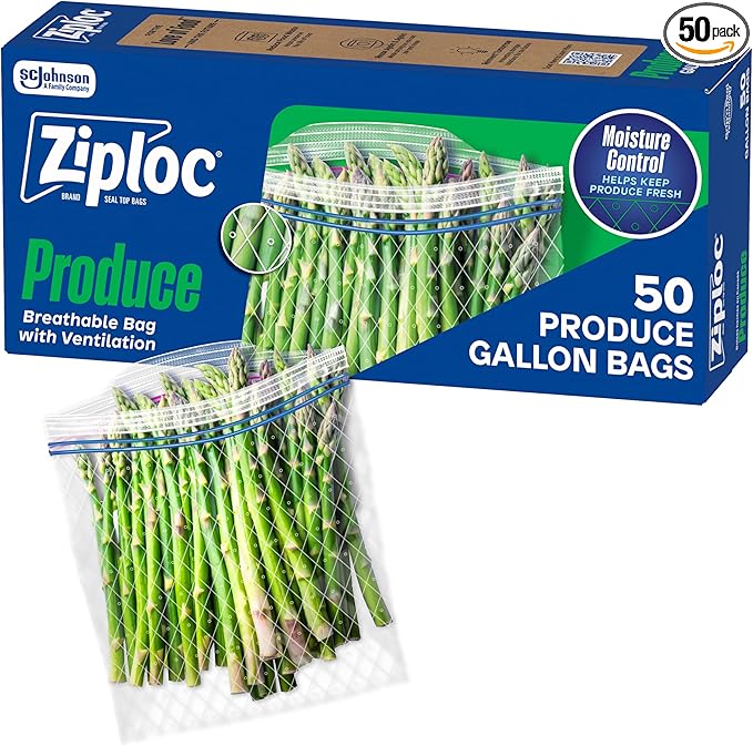 Ziploc Food Storage Produce Bags, Seal Top to Keep and Control Moisture, 50 Bags Total