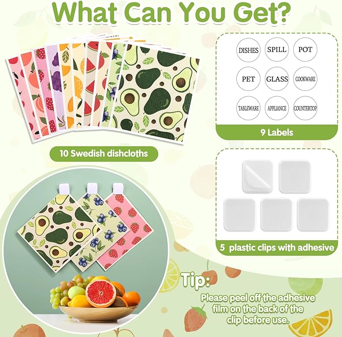 10 Pack Swedish Dishcloths for Kitchen- Reusable Paper Towels Washable Swedish Cloths Fruit Prints Dish Wipes with Adhesive Clips- Super Absorbent Fast Drying Kitchen Sponge for Cleaning Dishes