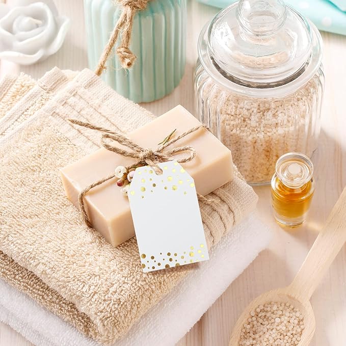 Anwyll Gift Tags with String - 100Pcs Gold Foil Metallic Confetti Polka Dot Gift Bag Tags Personalized White Blank Hang Paper Label Tag for Birthday Party Bridal Shower Wedding Christmas Favor Present