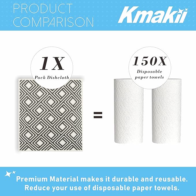 KMAKII Swedish Dishcloths Reusable, Absorbent, Quick-Drying Sponge Cloths for Kitchen and Counter Cleaning, Reusable Dish Towels and Dish Cloths, Black & White, Pack of 5 Pcs