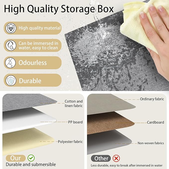 Yawinhe Collapsible Storage Bin, Cube Organizer Basket, Fabric Box with Lids, Washable and Leather Handle, for Home, Closet, Grey, 15.0''Lx9.8''Wx9.8''H, 1-Pack, USNK024GL-1
