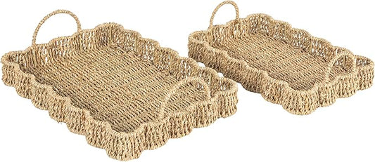 Household Essentials Woven Seagrass Scalloped Rectangular Trays, Set of 2, Natural