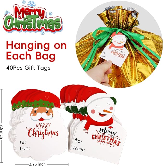POPGIFTU 40-Pack Christmas Drawstring Gift Bags – 8 Festive Designs | Reusable Foil Holiday Wrapping Bags with Tags | Assorted XL/L/M/S Santa Xmas Gift Bags