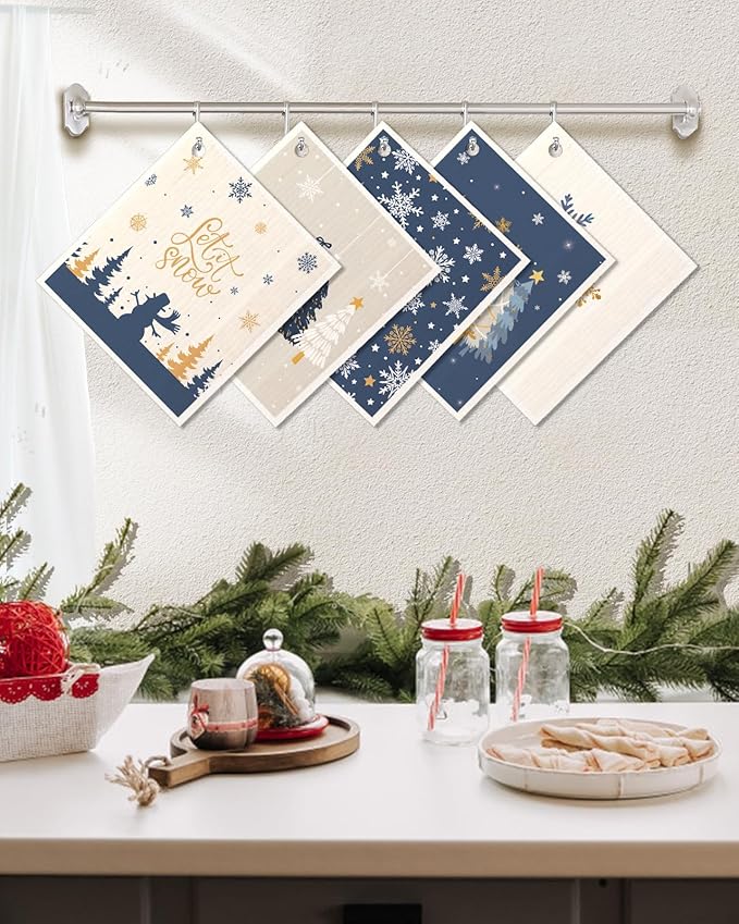 Christmas Swedish Dishcloths for Kitchen - 5 Pack Reusable Dish Cloths for Washing Dishes Absorbent Cute Winter Theme Kitchen Towels Cleaning Sponge, Blue Xmas Theme